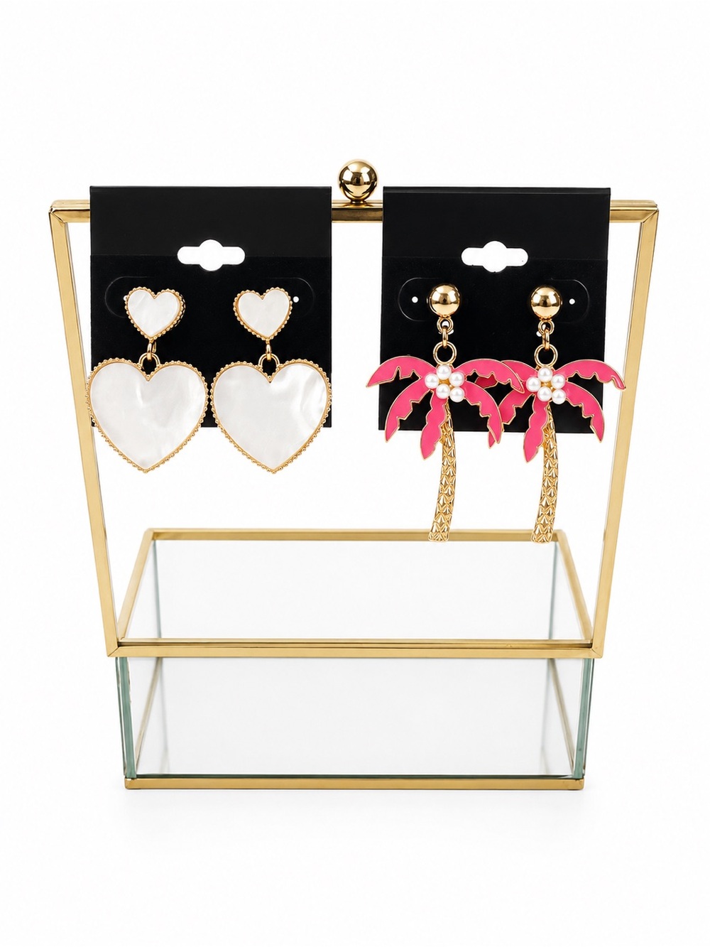 Two sets of summer earrings: Gold & Pink palm trees and white heart pearl finish